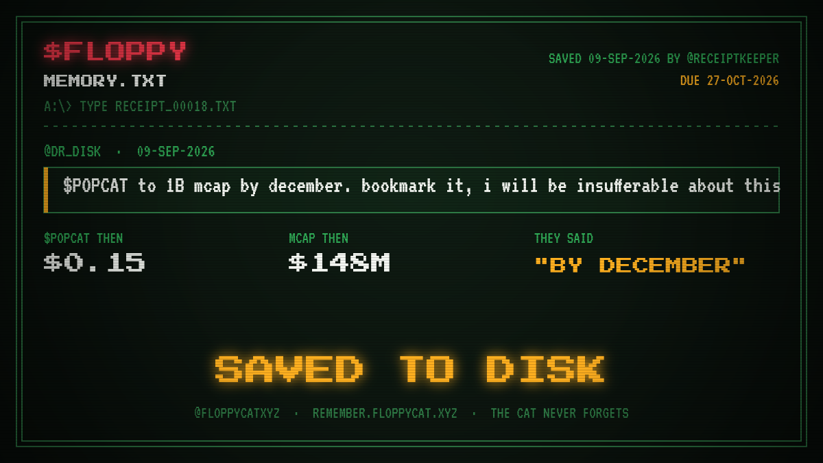 Post by @dr_disk: $POPCAT to 1B mcap by december. bookmark it, i will be insufferable about this