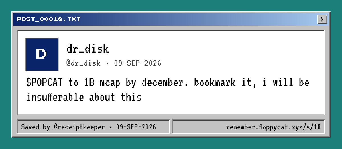 Post by @dr_disk: $POPCAT to 1B mcap by december. bookmark it, i will be insufferable about this