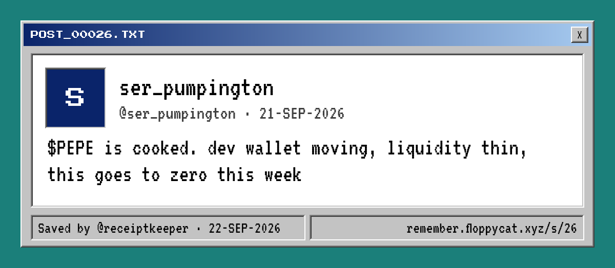 Post by @ser_pumpington: $PEPE is cooked. dev wallet moving, liquidity thin, this goes to zero this week