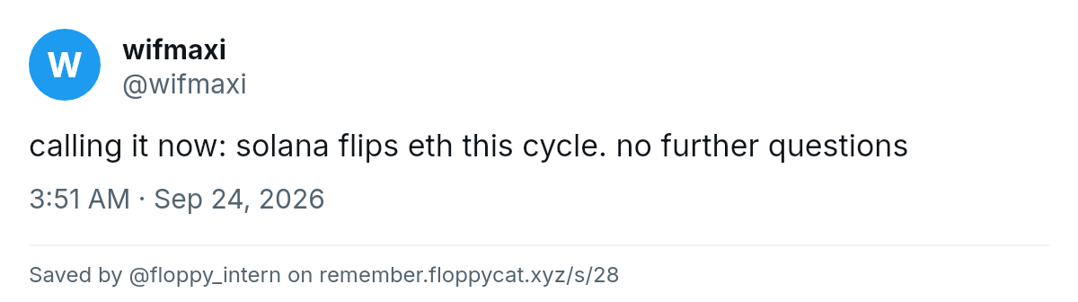 Post by @wifmaxi: calling it now: solana flips eth this cycle. no further questions