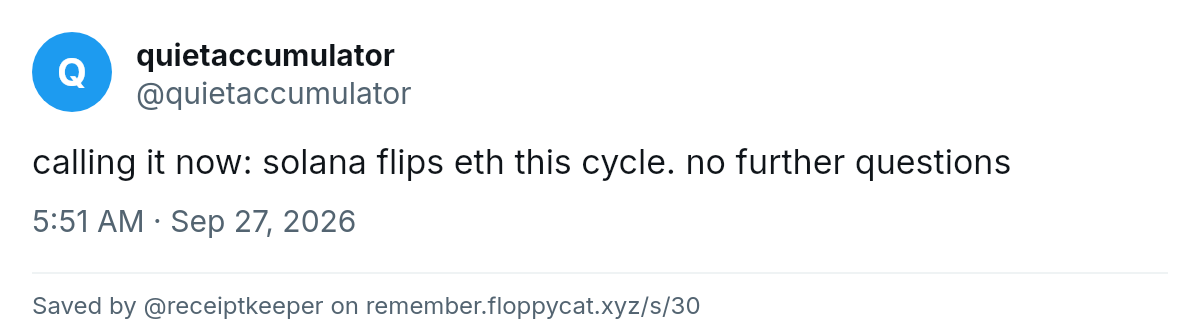 Post by @quietaccumulator: calling it now: solana flips eth this cycle. no further questions