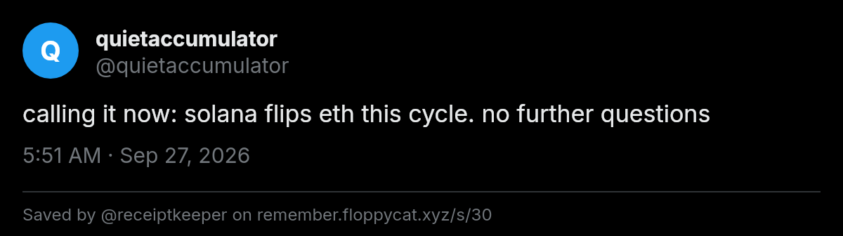 Post by @quietaccumulator: calling it now: solana flips eth this cycle. no further questions