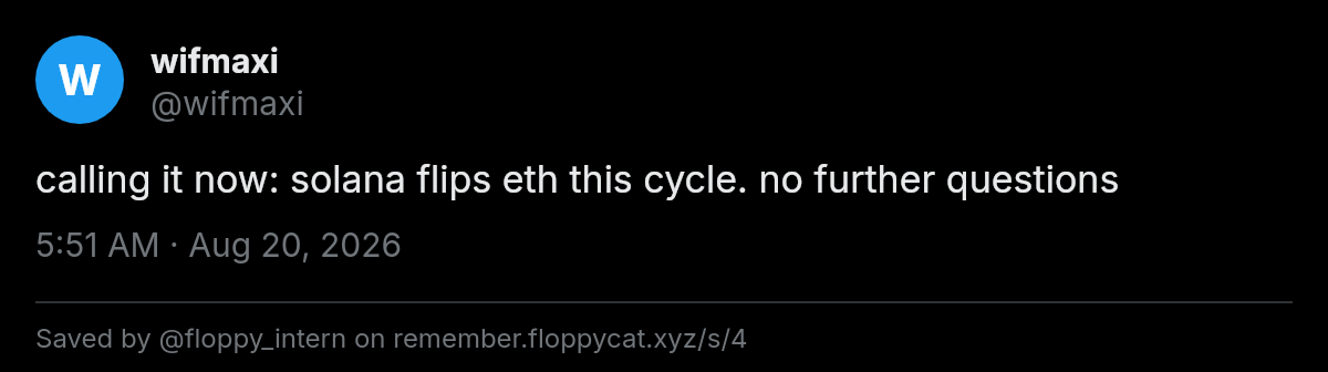 Post by @wifmaxi: calling it now: solana flips eth this cycle. no further questions