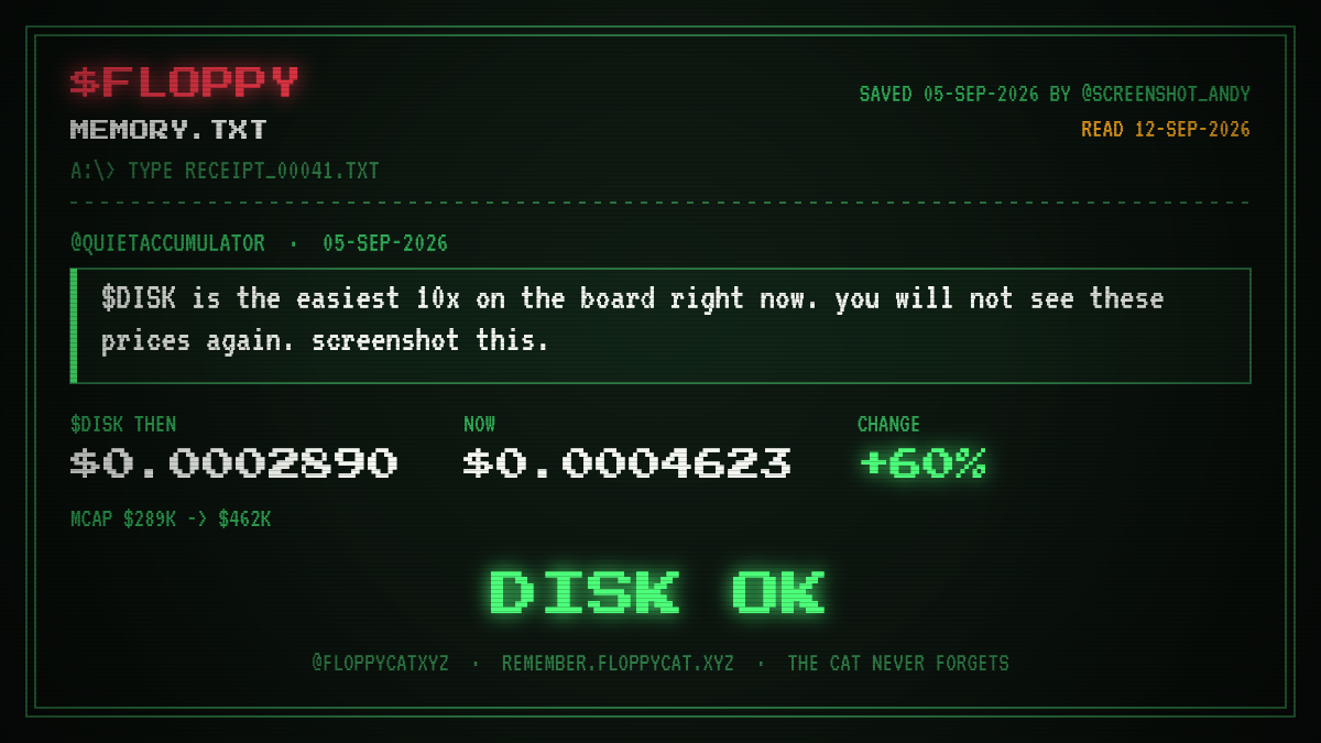 Post by @quietaccumulator: $DISK is the easiest 10x on the board right now. you will not see these prices again. screenshot this.