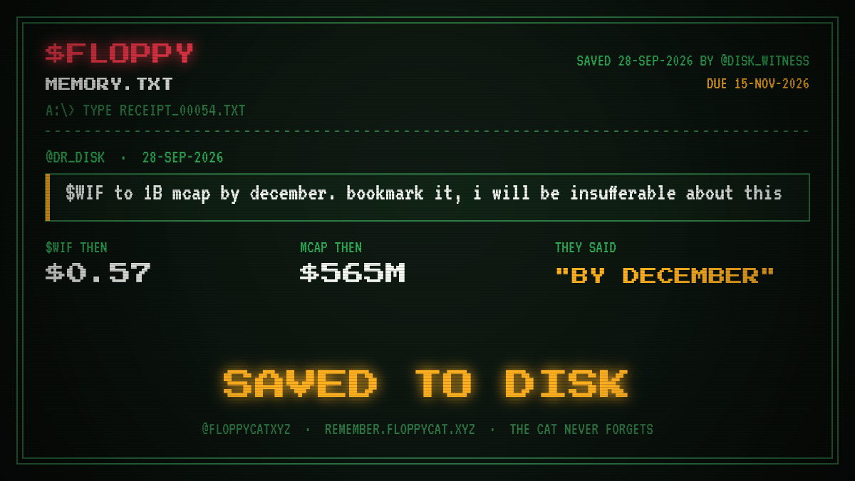 Post by @dr_disk: $WIF to 1B mcap by december. bookmark it, i will be insufferable about this