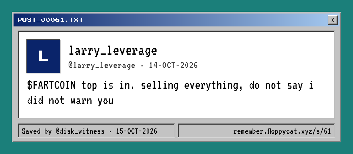 Post by @larry_leverage: $FARTCOIN top is in. selling everything, do not say i did not warn you