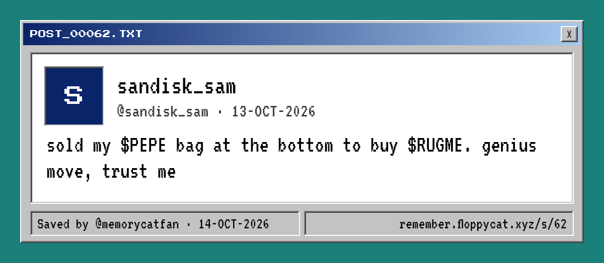 Post by @sandisk_sam: sold my $PEPE bag at the bottom to buy $RUGME. genius move, trust me