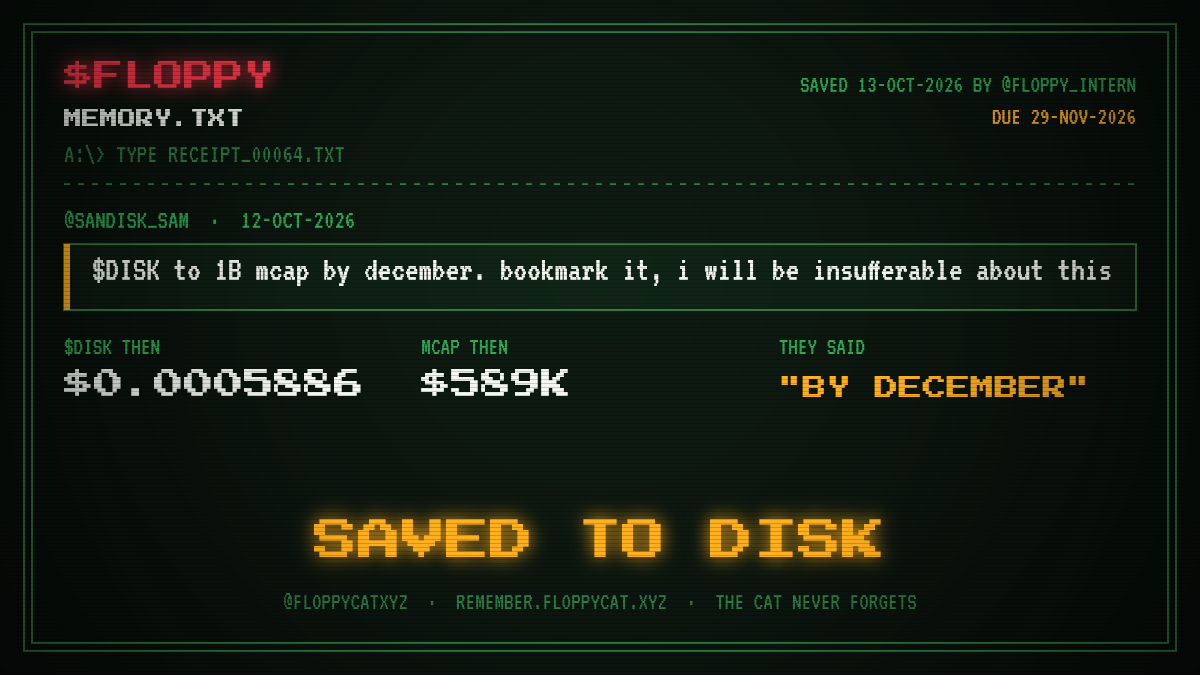 Post by @sandisk_sam: $DISK to 1B mcap by december. bookmark it, i will be insufferable about this
